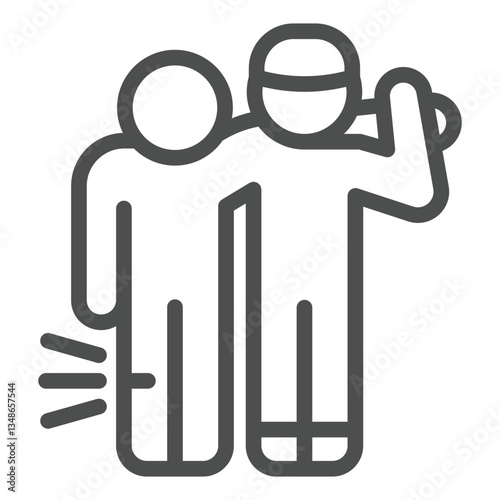 Rescuer man with person and leg injury line icon, human rescue concept. Vector graphics. Human with leg injury help sign on white background, outline style icon for mobile or web design.