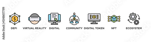 METAVERSE banner web icon vector illustration concept for product and service quality inspection with an icon of defi , virtual reality, digital, community, digital token, nft, ecosystem