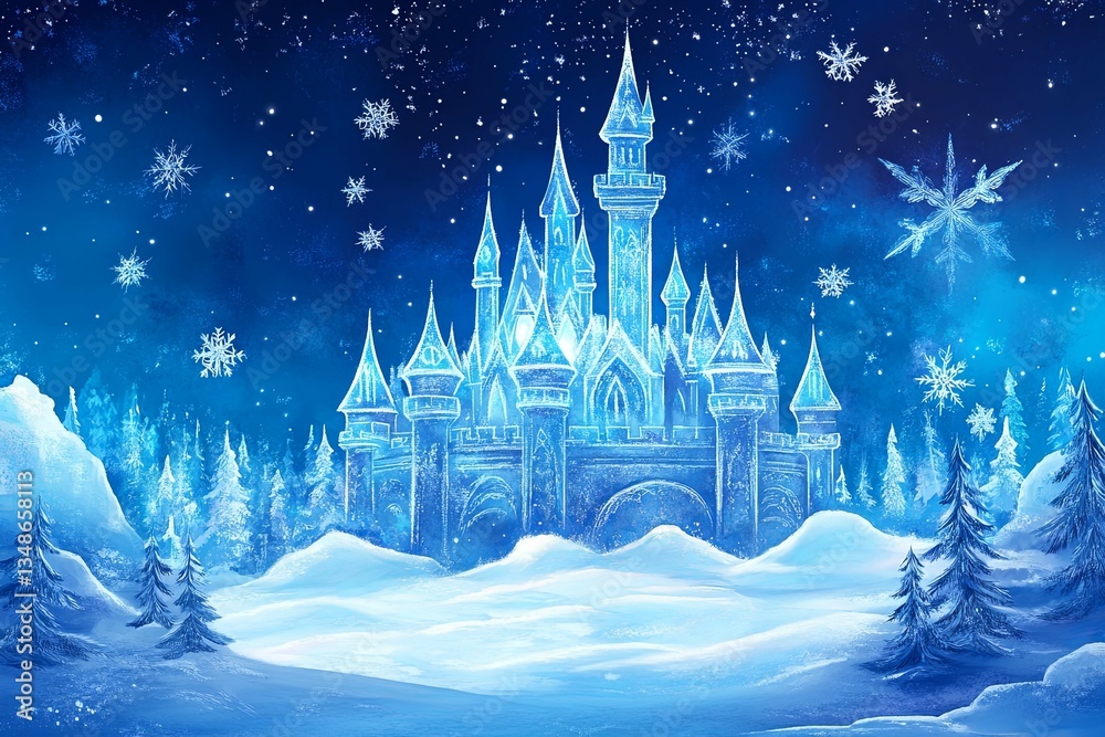 Fototapeta premium A beautiful ice castle scene under a sparkling winter night