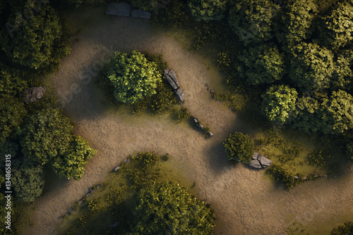 Mountain curve crossroad battle map for DnD, top view. Realistic design with trees, stones, and bushes on a winding path for tabletop gaming adventures.