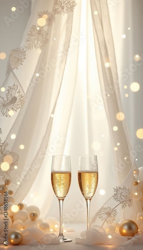 Elegant champagne glasses toasting on soft tulle backdrop, wedding celebration