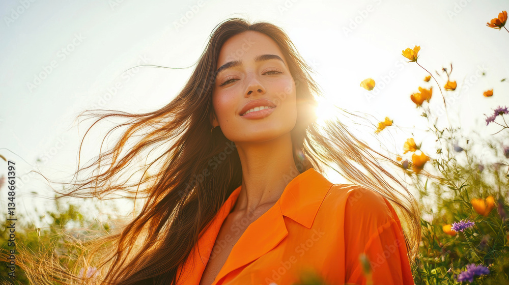 Naklejka premium A serene woman enjoys sunshine in a vibrant floral field, embodying tranquility and joy.