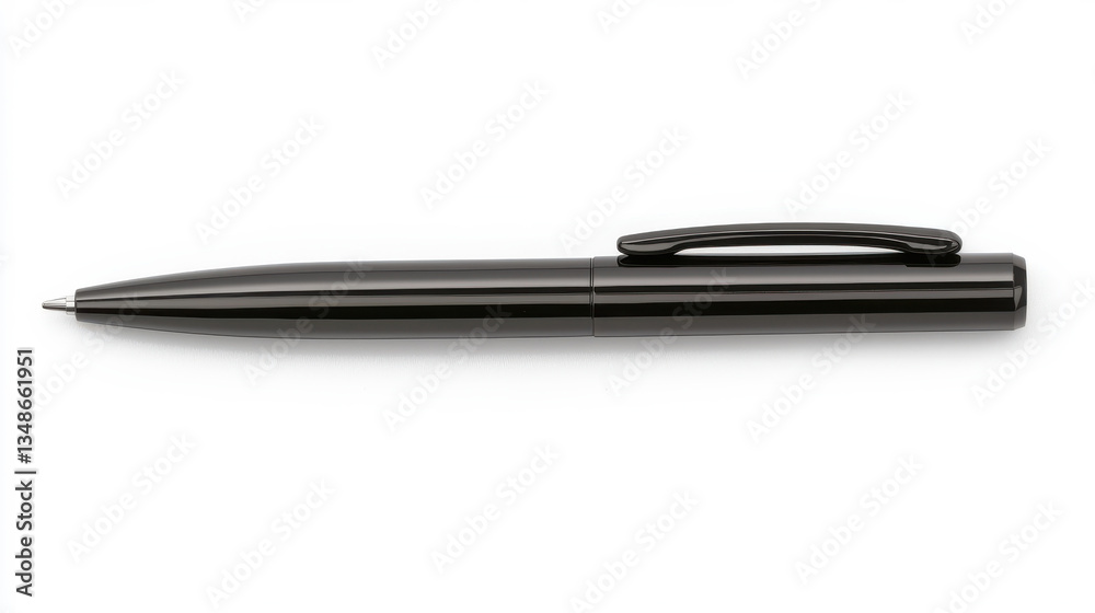 A sleek black pen lying on a white background, perfect for office settings. isolated on white background. A sleek black pen lying on a white background, perfect for office settings. isolated on white background.