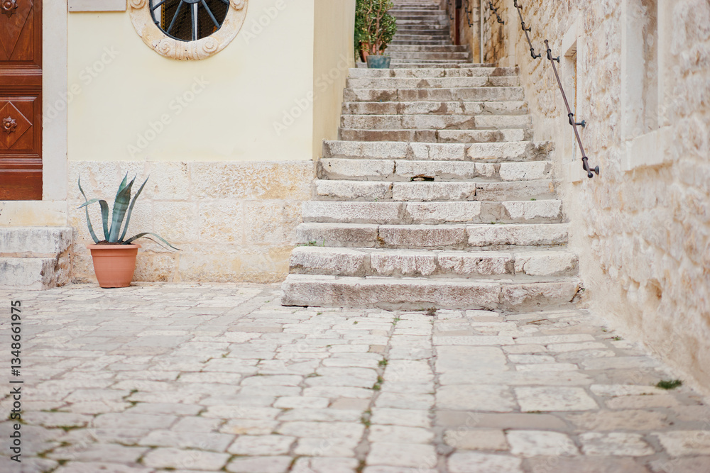 A narrow stone staircase leads up through a quaint alleyway, flanked by rustic stone walls. The steps are uneven and weathered, suggesting age. A narrow stone staircase leads up through a quaint alleyway, flanked by rustic stone walls. The steps are uneven and weathered, suggesting age.