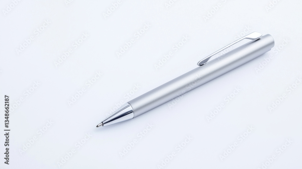 A sleek silver pen lying on a white surface, symbolizing professionalism and creativity. isolated on white background. A sleek silver pen lying on a white surface, symbolizing professionalism and creativity. isolated on white background.