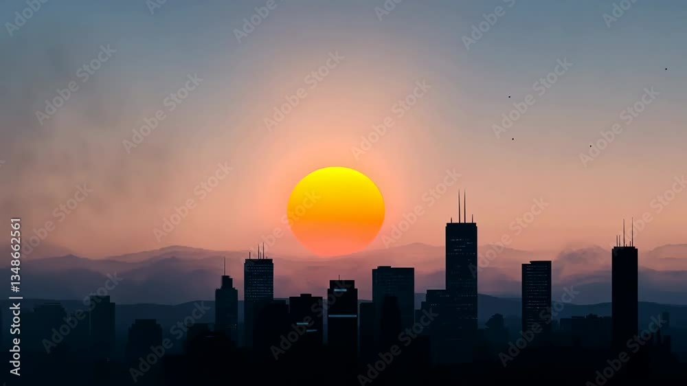 A city skyline with a large orange sun in the sky A city skyline with a large orange sun in the sky