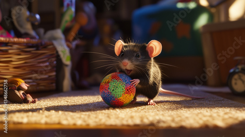Charming rat playing with a colorful ball in a cozy room  