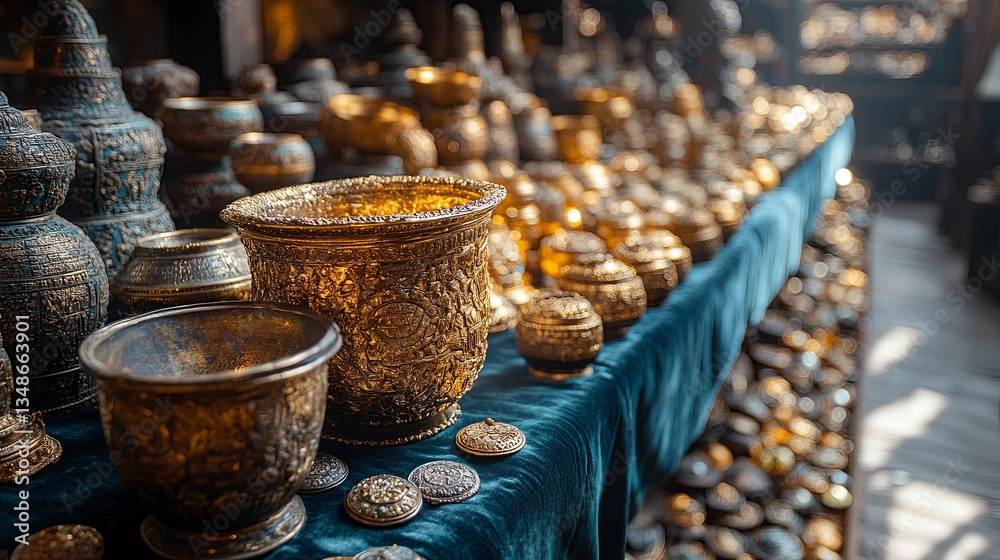 Fototapeta premium Ancient gold and silver artifacts displayed on velvet cloth with blurred archaeological excavation background, representing a historical discovery and cultural heritage unearthed from ancient civiliza