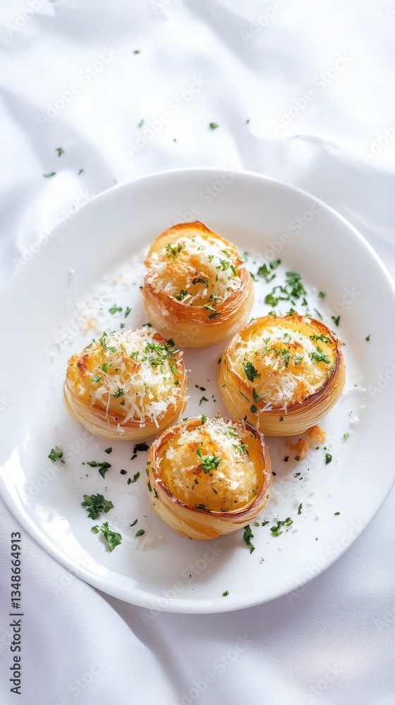 A delicate presentation of baked onion rings topped with Parmesan and herbs on a white ceramic plate. Soft light and pastel background enhance crispy texture, creating a dreamy atmosphere. A delicate presentation of baked onion rings topped with Parmesan and herbs on a white ceramic plate. Soft light and pastel background enhance crispy texture, creating a dreamy atmosphere.