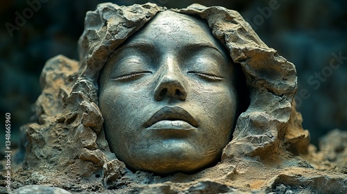 Ancient sculpted portrait head emerging from clay, with earthy tones and soft focus archaeological background, representing the concept of the oldest human art and early civilization expression in his