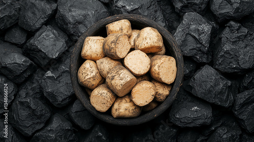 Compressed Arrowroot Charcoal Briquettes on Black Coal