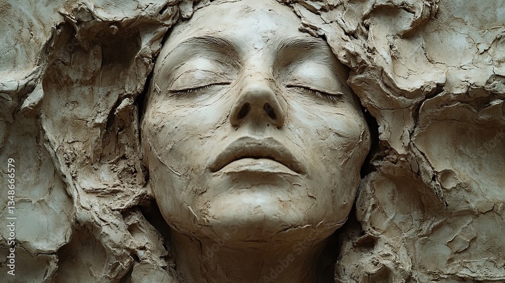 Ancient sculpted portrait head emerging from clay, with earthy tones and soft focus archaeological background, representing the concept of the oldest human art and early civilization expression in his Ancient sculpted portrait head emerging from clay, with earthy tones and soft focus archaeological background, representing the concept of the oldest human art and early civilization expression in his