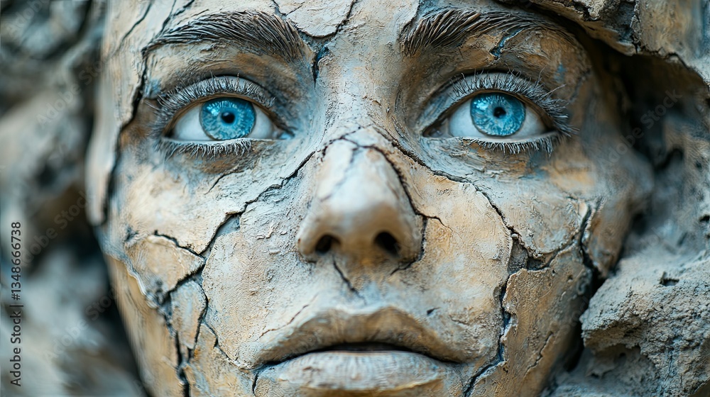 Ancient sculpted portrait head emerging from clay, with earthy tones and soft focus archaeological background, representing the concept of the oldest human art and early civilization expression in his Ancient sculpted portrait head emerging from clay, with earthy tones and soft focus archaeological background, representing the concept of the oldest human art and early civilization expression in his