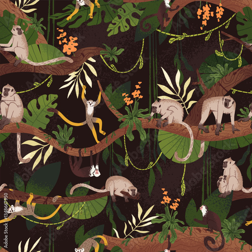 Repeatable pattern of exotic monkeys have fun in jungle. Endless background of cute primates, rainforest animals on tropical trees. Macaques, capuchins on branches. Flat seamless vector illustration