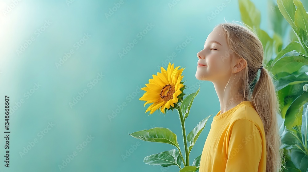 Spring flora action girl smelling sunflower in nature peaceful environment bright view