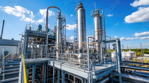 A modern distillation column extracting valuable chemicals from crude oil.