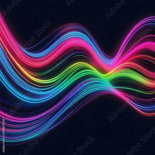 Abstract dynamic wave lines with colorful light flowing on black background, symbolizing music and technology