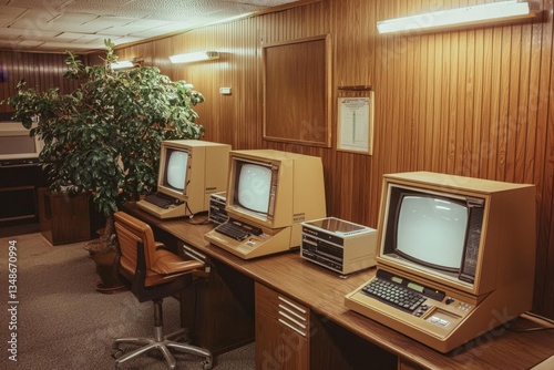 Explore the charm of a retro 1980s office interior with vintage computers and chunky monitors.
