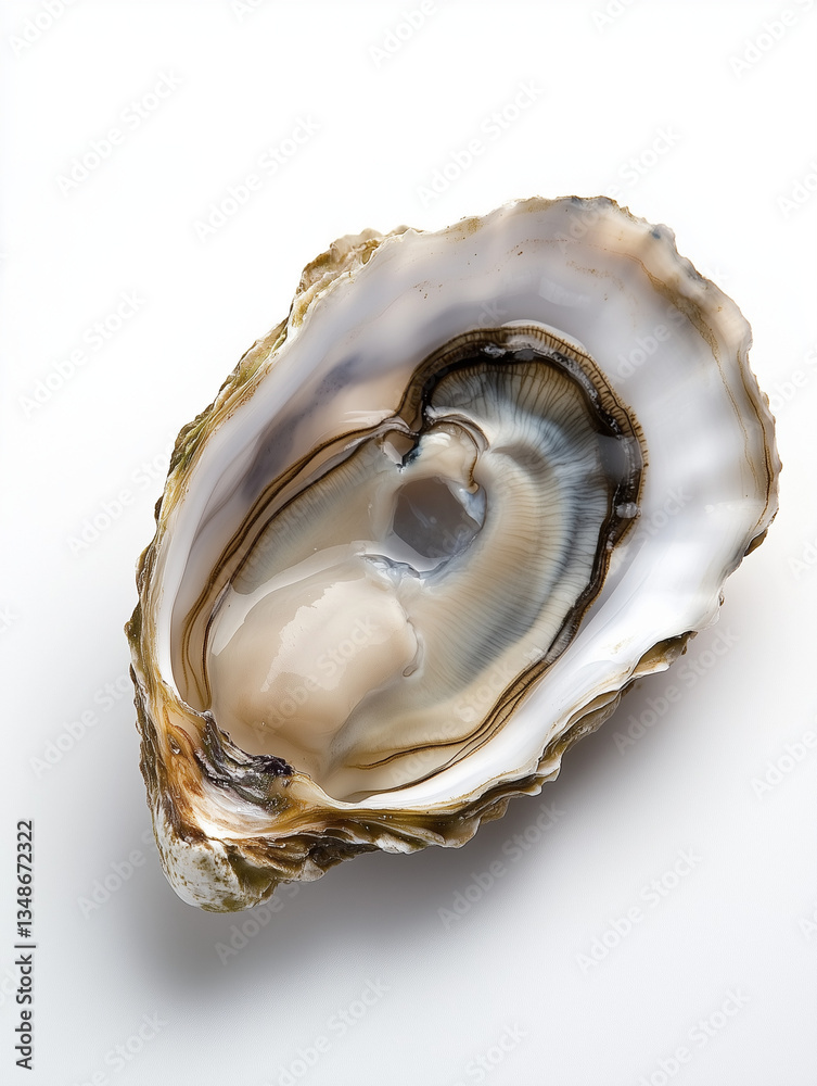 Shucked open raw oyster in half shell showing plump oyster flesh isolated on white background Shucked open raw oyster in half shell showing plump oyster flesh isolated on white background