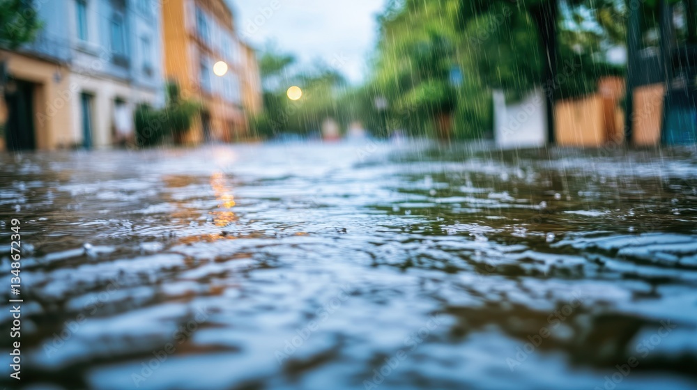 Fototapeta premium Raindrops on Urban Street during Rainy Day in Cityscape Environment