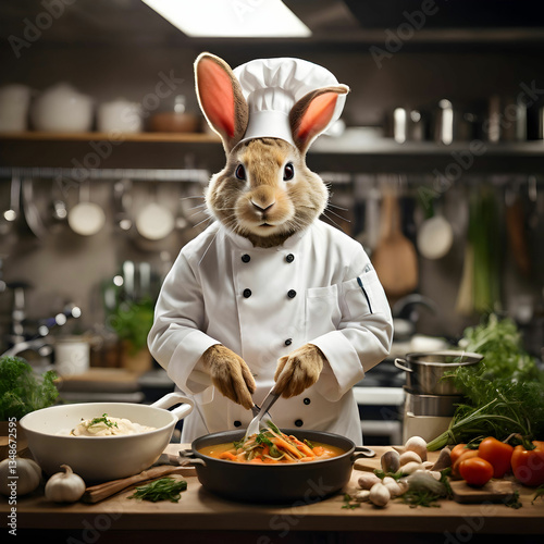 Brown chef rabbit stirring soup in a bustling kitchen, surrounded by fellow rabbit cooks in action