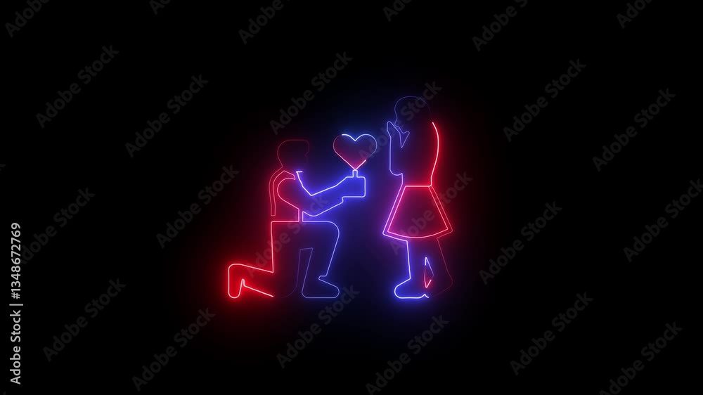 Glowing neon couple propose in love animation with black background. man and woman in love hand drawing animated. Glowing neon couple propose in love animation with black background. man and woman in love hand drawing animated.