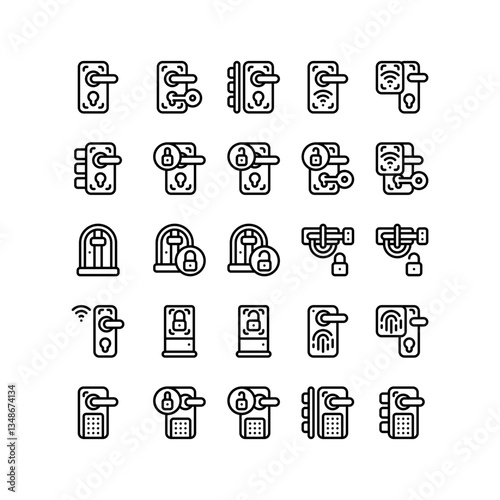 Set of smart door in smart home house outline icon and illustration 