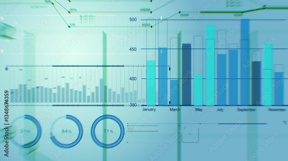 Moving Through Many Diagrams, Charts, Graphs Loop-able 3d Animation. Flight Inside Stock Market Elements Seamless Illustration. Business, Financial, Economics, Technology Concept 4k.