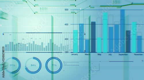 Moving Through Many Diagrams, Charts, Graphs Loop-able 3d Animation. Flight Inside Stock Market Elements Seamless Illustration. Business, Financial, Economics, Technology Concept 4k.