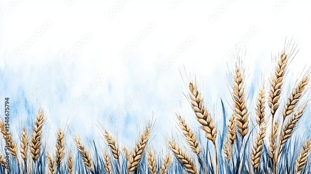 Golden Wheat Watercolor Painting with Blue and White Background Golden Wheat Watercolor Painting with Blue and White Background