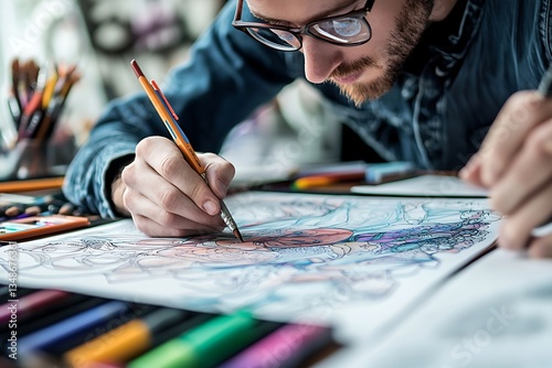 Entrepreneur in a creative workshop, line art and filled colours
