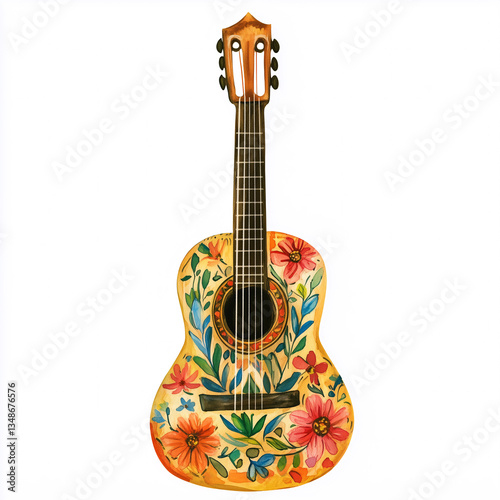 Watercolor painting of an acoustic guitar with vibrant floral patterns in Mexican style, celebrating music and art