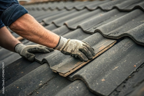 Worker hand fix black roof tile. Construction repair maintenance
