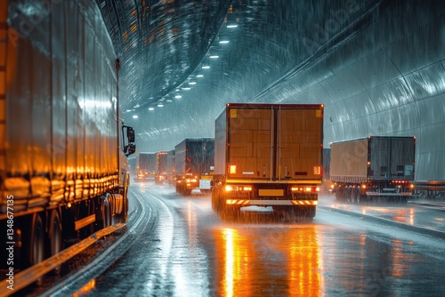 A convoy of box trucks moving steadily through a rain-soaked tunnel