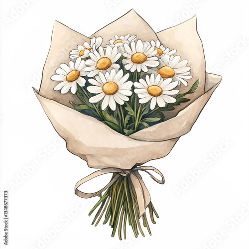 Watercolor painting of a bouquet of daisies wrapped in beige craft paper and tied with a ribbon