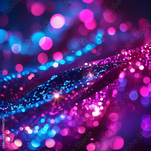 Neon glitter background with grain texture, bokeh glow, and fluorescent blue-magenta-pink shimmering gradient.