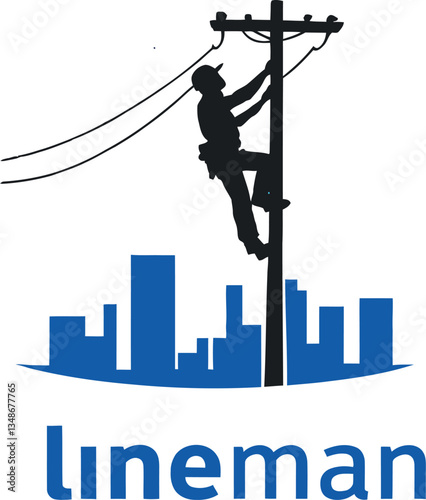 Adobe Illustrator ArtworkSilhouette of Lineman and Cityscape - Symbolizing Urban Electricity and Infrastructure Maintenance