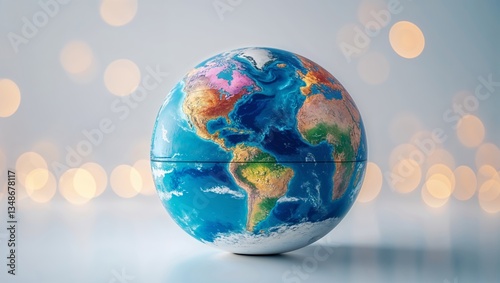 Fototapeta Naklejka Na Ścianę i Meble -  Globe model representing Earth with colorful continents against a soft bokeh background