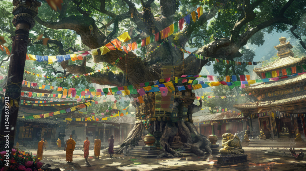 Fototapeta premium Sacred Bodhi Tree Draped in Colorful Prayer Flags