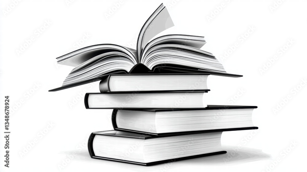 Fototapeta premium Grayscale Stack of Five Books Topped with Open Volume on White Background