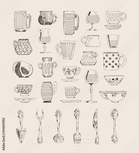 A collection of hand-drawn sketches of cups and cutlery.