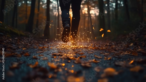 Autumnal forest run.  A person's legs running through a leaf-strewn forest path, creating a sparky effect as they move.  Golden light highlights the leaves and path