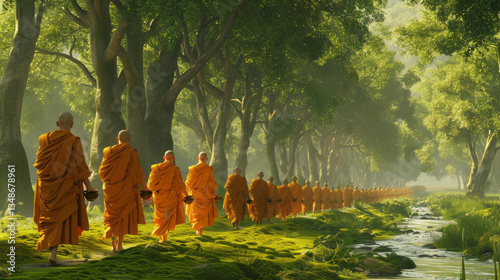 Monks Walking Barefoot in a Forest Path