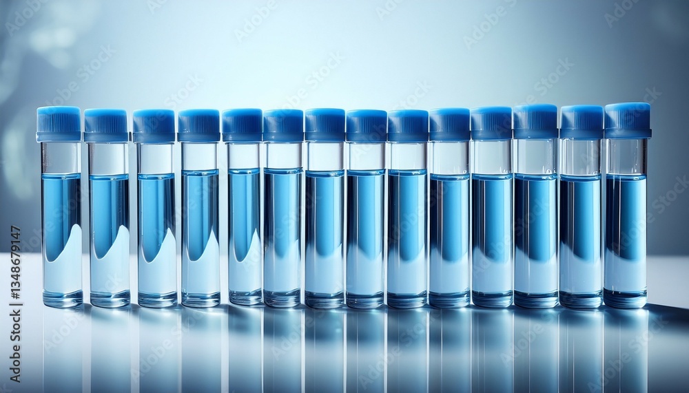 test tubes with blue liquid inside capped with blue tops arranged in a uniform row on a soft light background test tubes with blue liquid inside capped with blue tops arranged in a uniform row on a soft light background