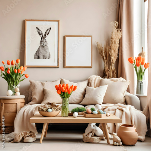 Warm Easter living room with mock-up frame, tulips, hare sculpture, carrots, bowl, and decor
