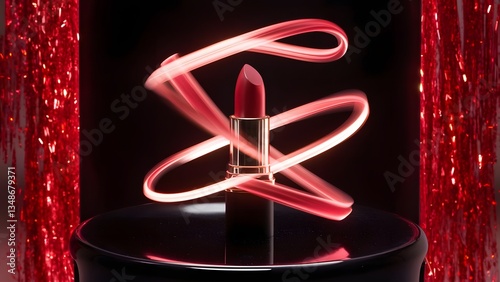 Red Lipstick on a Black Display with a Glowing Effect. lipstick mockup, lipstick product background, Product banckground, product showcase 