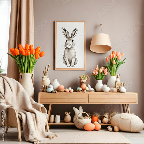Warm Easter living room with mock-up frame, tulips, hare sculpture, carrots, bowl, and decor