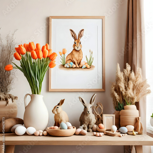 Warm Easter living room with mock-up frame, tulips, hare sculpture, carrots, bowl, and decor