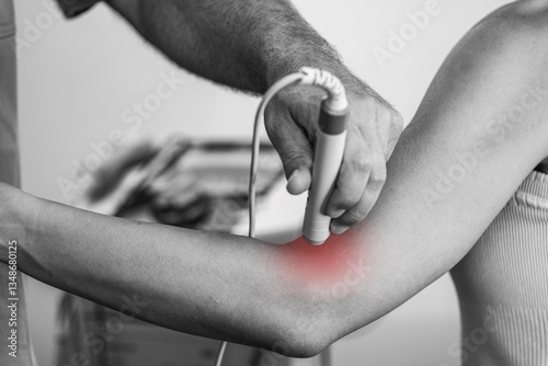 A physical therapist uses laser therapy on a patients elbow to alleviate pain and accelerate healing. The laser treatment targets soft tissues to reduce inflammation and promote recovery