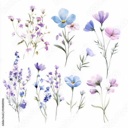 Watercolor wildflowers bouquet with blue, yellow and pink flowers blooming, perfect for wedding invitations, greeting cards, and other designs